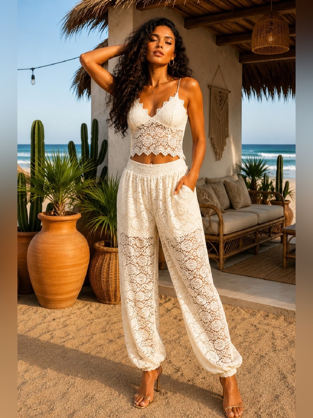 Lace Crochet Wide-Leg Pants Set - Cream